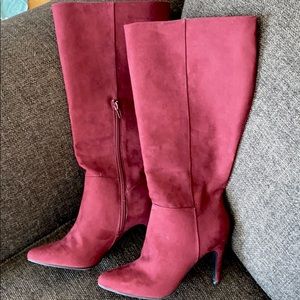 Burgundy suede half zip boots